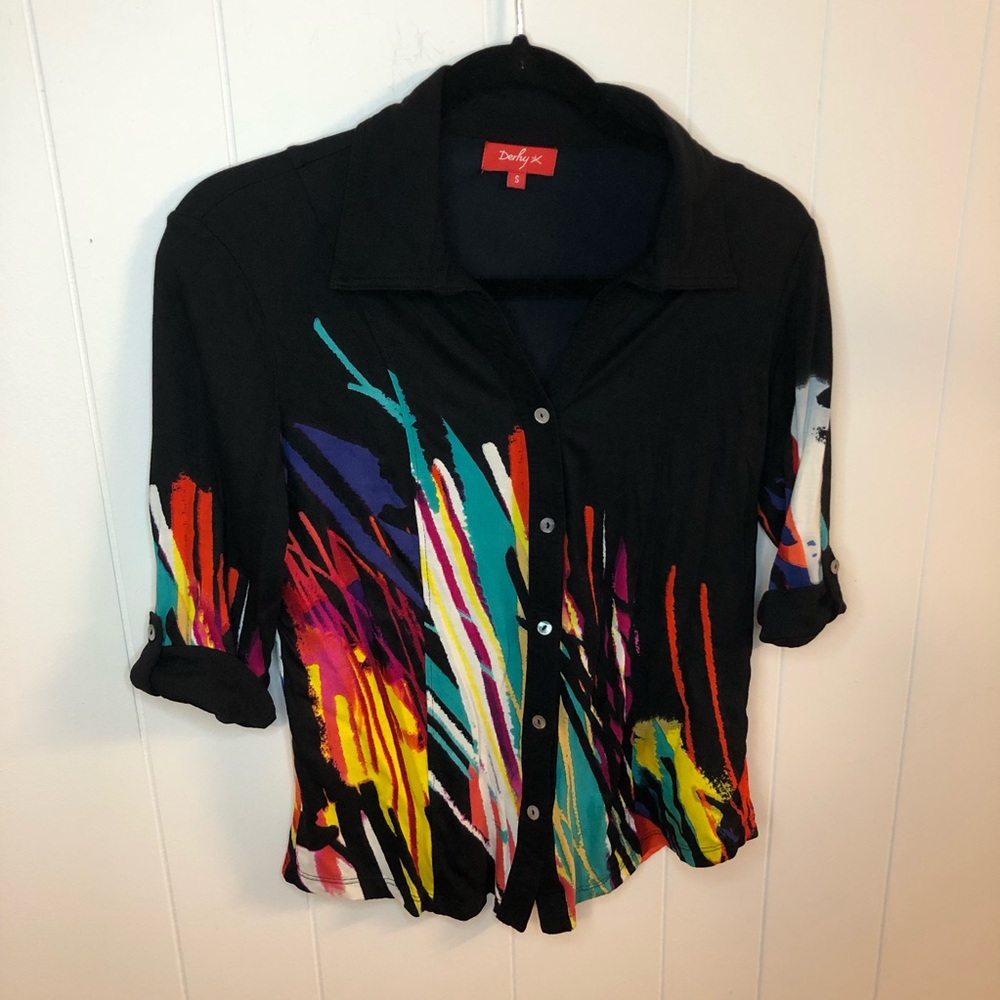 Derhy Deese Black Multicolor Abstract Blouse with Cuffed Sleeve Small
